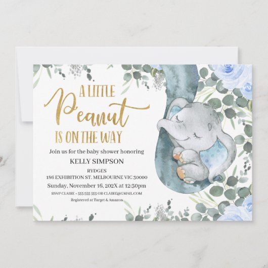 Eucalyptus Blauw Bloemen Kleine Pinda Baby shower Kaart (Voorkant)