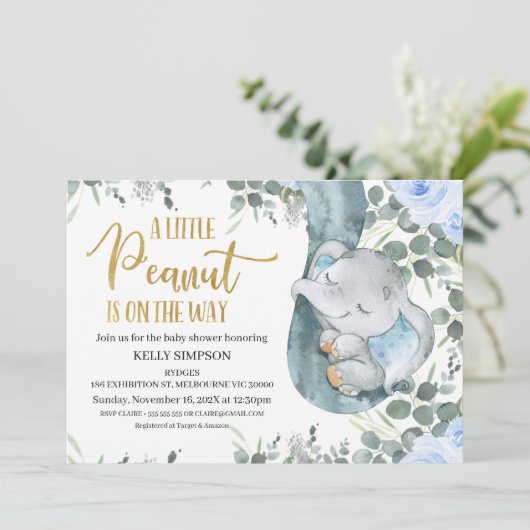 Eucalyptus Blauw Bloemen Kleine Pinda Baby shower Kaart (Staand voorkant)