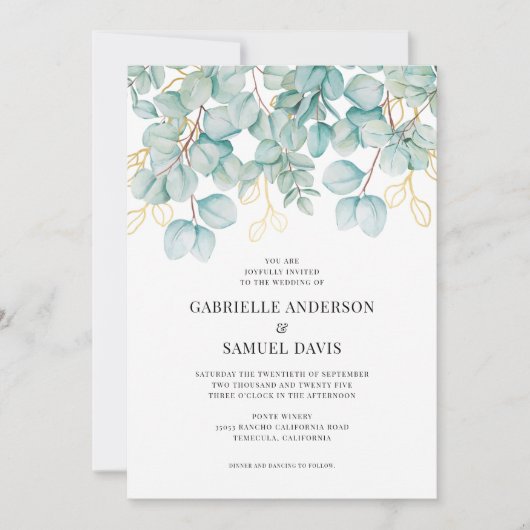Eucalyptus Blauwgroen en Gold Greenery Wedding Inv (Voorkant)