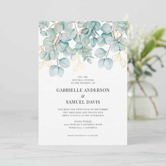Eucalyptus Blauwgroen en Gold Greenery Wedding Inv (Staand voorkant)
