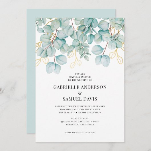 Eucalyptus Blauwgroen en Gold Greenery Wedding Inv (Voorkant / Achterkant)