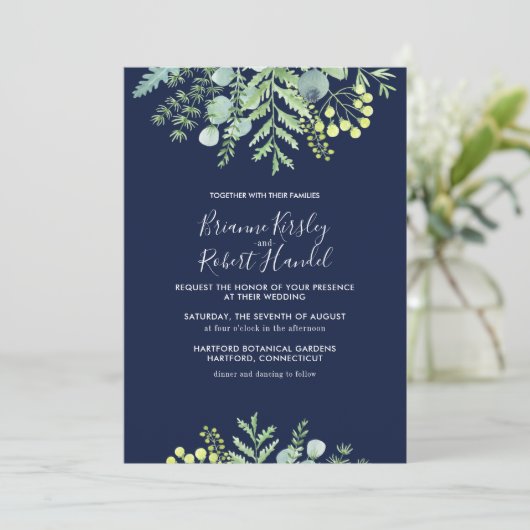 Eucalyptus Bloemen Bruiloft Uitnodiging Marine (Staand voorkant)