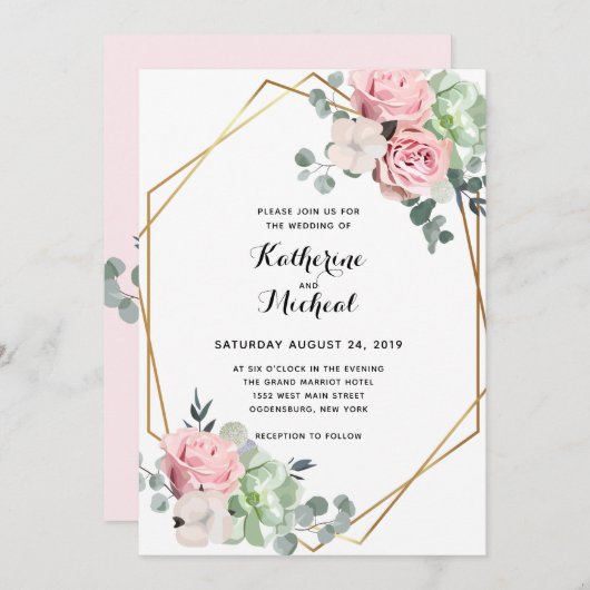 Eucalyptus bloemen geometrische bruiloft uitnodigi kaart (Voorkant / Achterkant)
