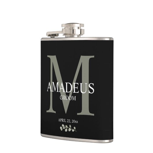 Eucalyptus bloemen monogram bruidegom heupfles (Links)