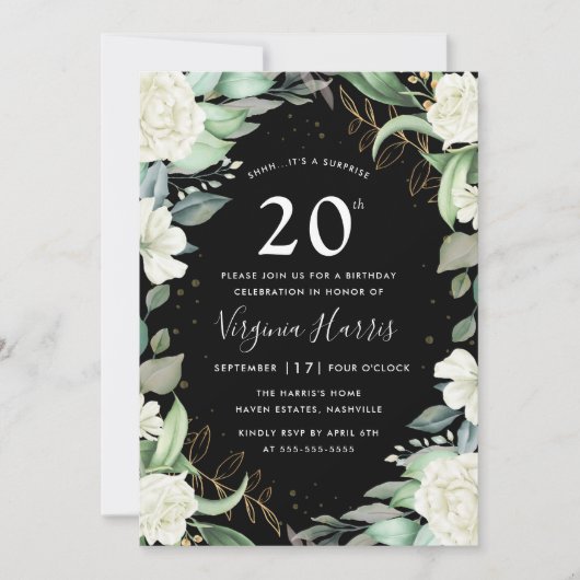 Eucalyptus Bloemen Zwart Twintig 20ste Verjaardag Kaart (Voorkant)