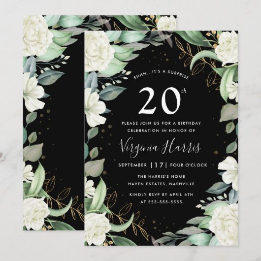 Eucalyptus Bloemen Zwart Twintig 20ste Verjaardag Kaart (Voorkant / Achterkant)