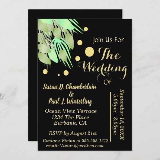 Eucalyptus bloemengroen zwart en goud bruiloft kaart (Voorkant / Achterkant)