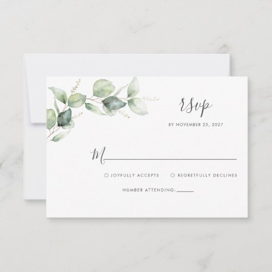 Eucalyptus Bloemige Botanische Scriptie Bruiloft RSVP Kaartje (Voorkant)
