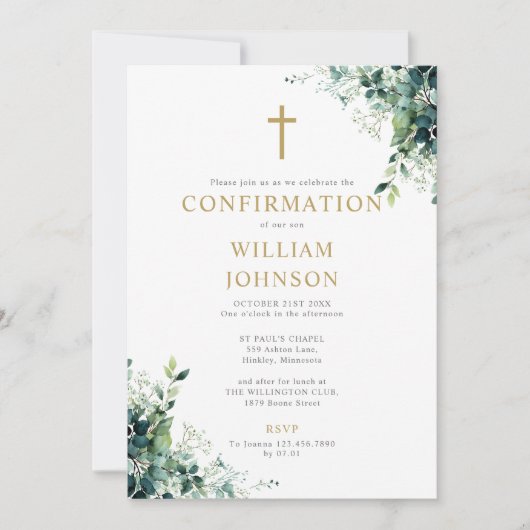 Eucalyptus Bloemige Groene Monogram Bevestiging Kaart (Voorkant)