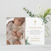 Eucalyptus Bloemige Groene Monogram Doopfeest Bedankkaart (Staand voorkant)