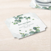 Eucalyptus Bloemige Groene Script Save our Date Kartonnen Onderzetters (Gekanteld)
