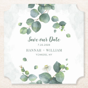 Eucalyptus Bloemige Groene Script Save our Date Kartonnen Onderzetters