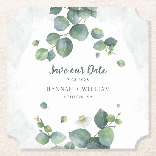 Eucalyptus Bloemige Groene Script Save our Date Kartonnen Onderzetters (Voorkant)