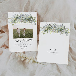 Eucalyptus Bloemige Save The Date met Foto Kaart