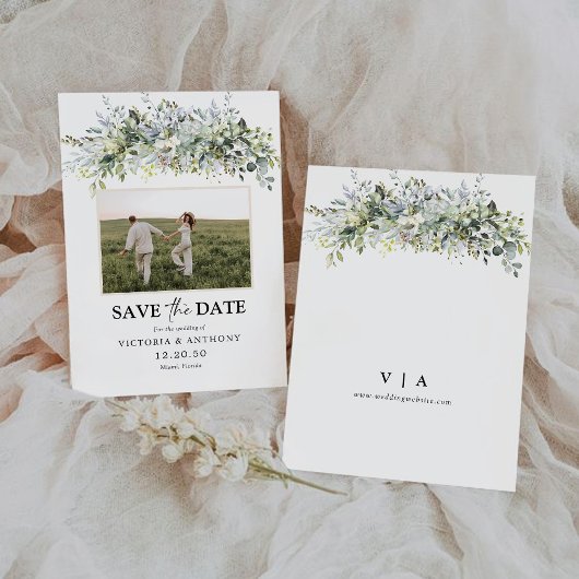 Eucalyptus Bloemige Save The Date met Foto Kaart
