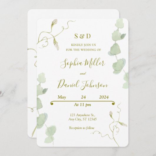 Eucalyptus & Blooms Huwelijksuitnodiging Kaart (Voorkant / Achterkant)