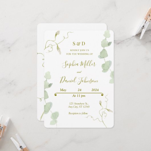Eucalyptus & Blooms Huwelijksuitnodiging Kaart (Voorkant / Achterkant in situ)