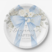 Eucalyptus Blue Bow Baby Boy Baptism Papieren Bordje (Voorkant)
