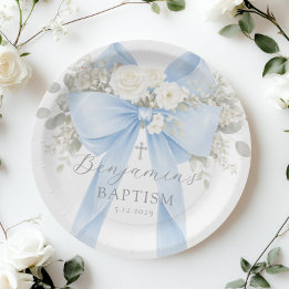 Eucalyptus Blue Bow Baby Boy Baptism Papieren Bordje