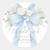 Eucalyptus Blue Bow Baptism Thank you Ronde Sticker (Voorkant)