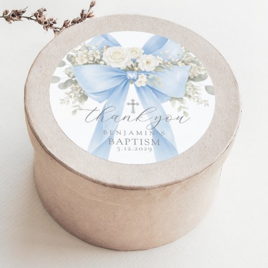 Eucalyptus Blue Bow Baptism Thank you Ronde Sticker