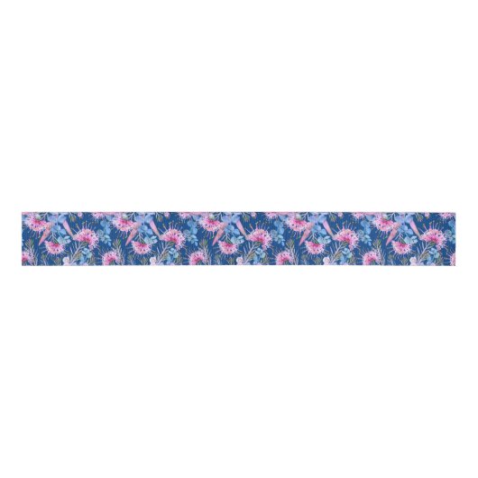 Eucalyptus Blue en roze Grevillea Grosgrain Lint (Voorkant)
