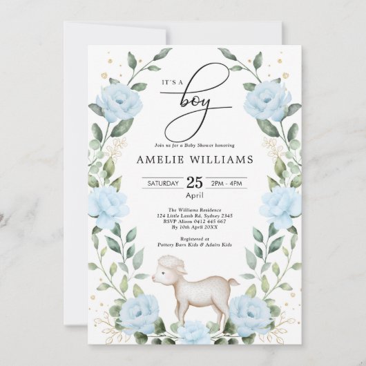 Eucalyptus Blue Flower Lamb Boy Baby shower Kaart (Voorkant)