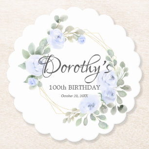 Eucalyptus Blue Roos Floral 100th Birthday Party Kartonnen Onderzetters