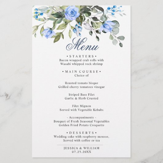 Eucalyptus Blue Rozen Floral Weddenschap menu (Voorkant)