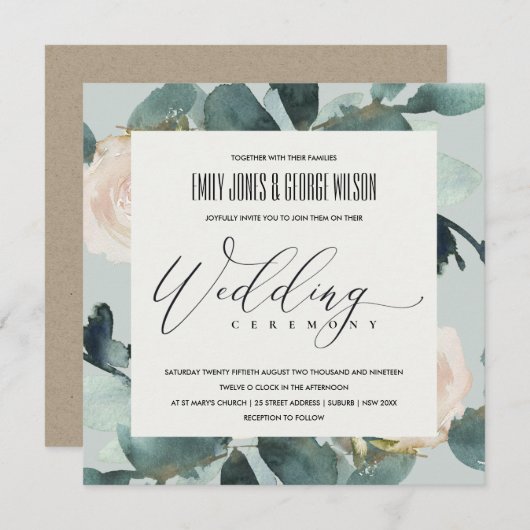 EUCALYPTUS BLUSH ROOS GRAY KRAFT FOLIAGE WEDDING KAART (Voorkant / Achterkant)