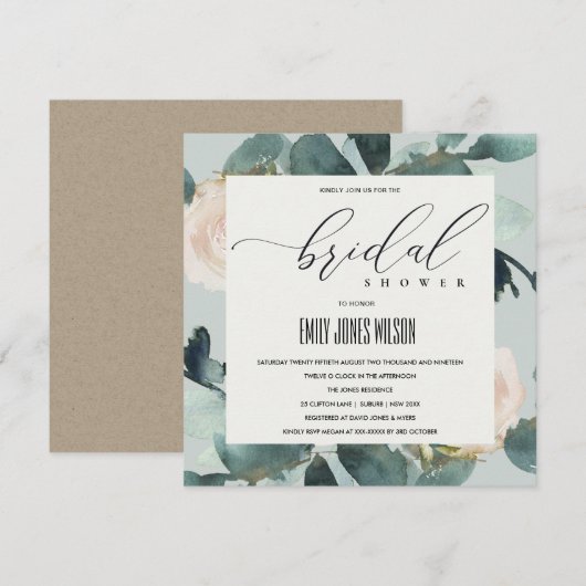 EUCALYPTUS BLUSH ROOS GRAY KRAFT VRIJGEZELLENFEEST KAART (Voorkant / Achterkant)