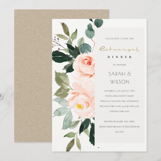 Eucalyptus Blush Roos Roze repetitie Diner Uitnodi Bedankkaart (Voorkant / Achterkant)
