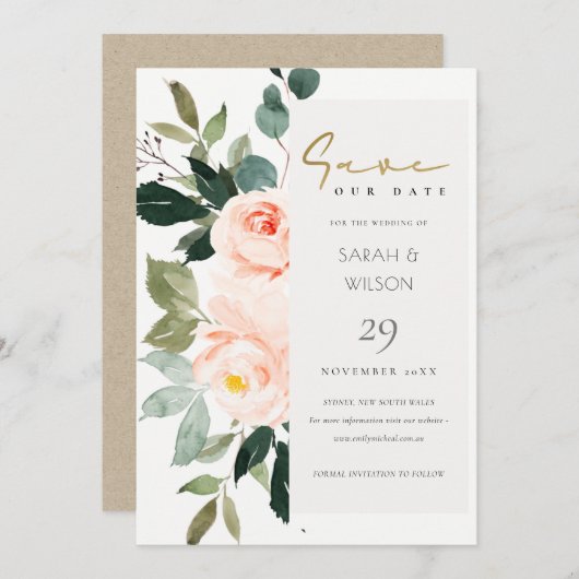 Eucalyptus Blush Roos Roze sparen de Datum uitnodi Bedankkaart (Voorkant / Achterkant)