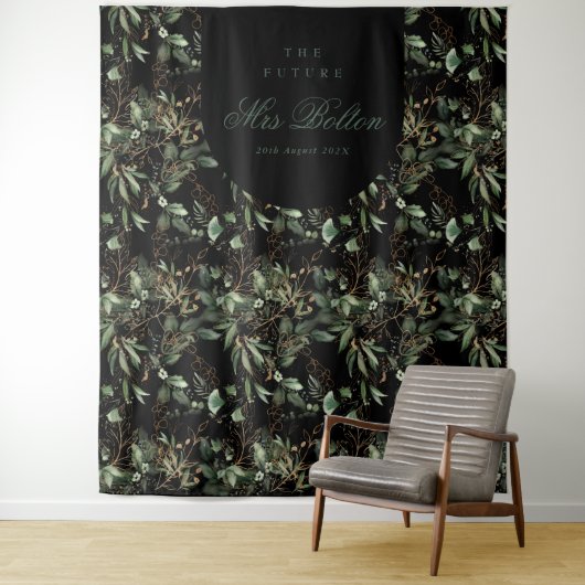 Eucalyptus Boho Boog Zwart Bruidsfeest Achtergrond Wandkleed (In situ)