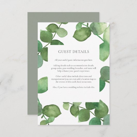 Eucalyptus Boho Groene Details voor Gastinformatie Informatiekaartje (Voorkant / Achterkant)