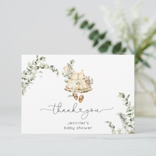 Eucalyptus boho kinderkamer kleding baby shower bedankkaart (Staand voorkant)