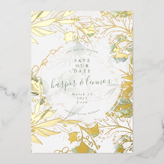 Eucalyptus Boho Modern Pampas Gold bewaart de datu Folie Uitnodiging (Voorkant)