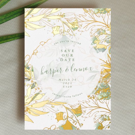Eucalyptus Boho Modern Pampas Goud Bewaar De Datum Folie Uitnodiging