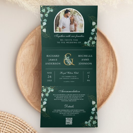 Eucalyptus Boog Emerald Groen QR Code Trouwen Drieluik Uitnodiging