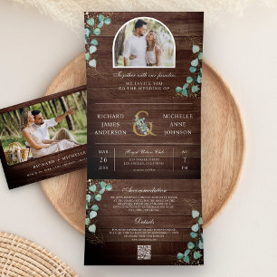 Eucalyptus Boog Foto Rustieke Hout QR Code Trouwen Drieluik Uitnodiging