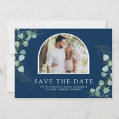 Eucalyptus Boog Huwelijk Navy Blauwe Trouwfoto Save The Date (Voorkant)