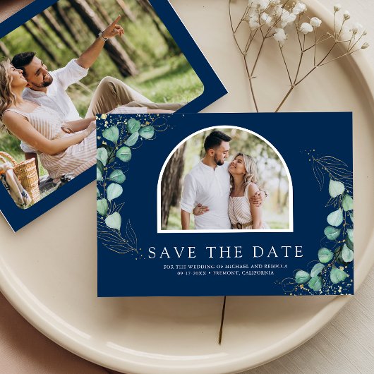 Eucalyptus Boog Huwelijk Navy Blauwe Trouwfoto Save The Date