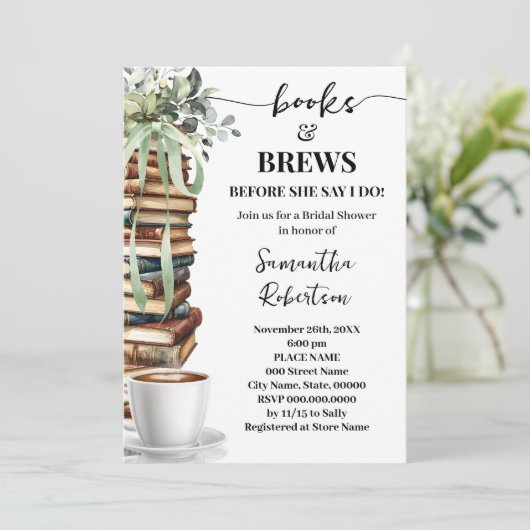 Eucalyptus Books & Brews Coffee Bridal Shower Kaart (Staand voorkant)