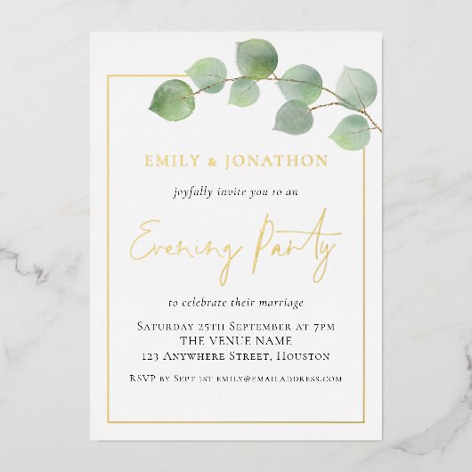 Eucalyptus Border Wedding Evding Party Gold Real Folie Uitnodiging (Voorkant)