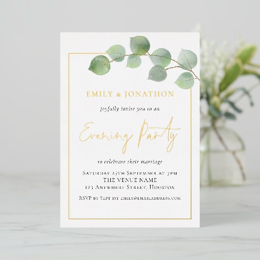Eucalyptus Border Wedding Evding Party Gold Real Folie Uitnodiging (Staand Voorkant)