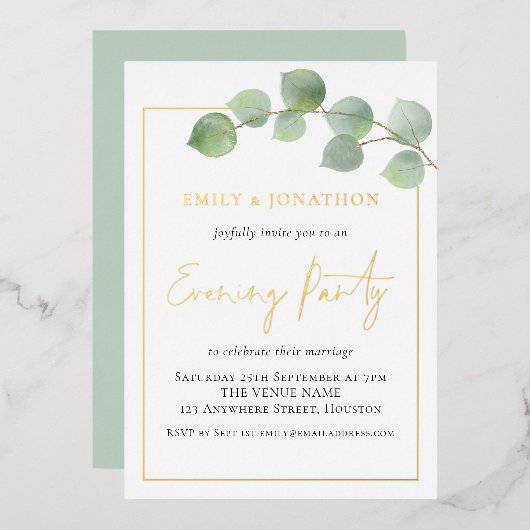 Eucalyptus Border Wedding Evding Party Gold Real Folie Uitnodiging (Voorkant / Achterkant)