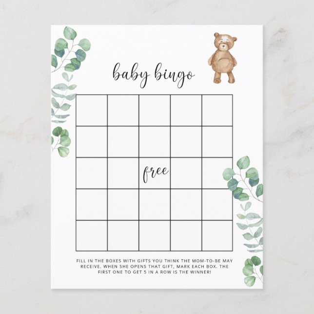 Eucalyptus bos baby shower bingo spel (Voorkant)