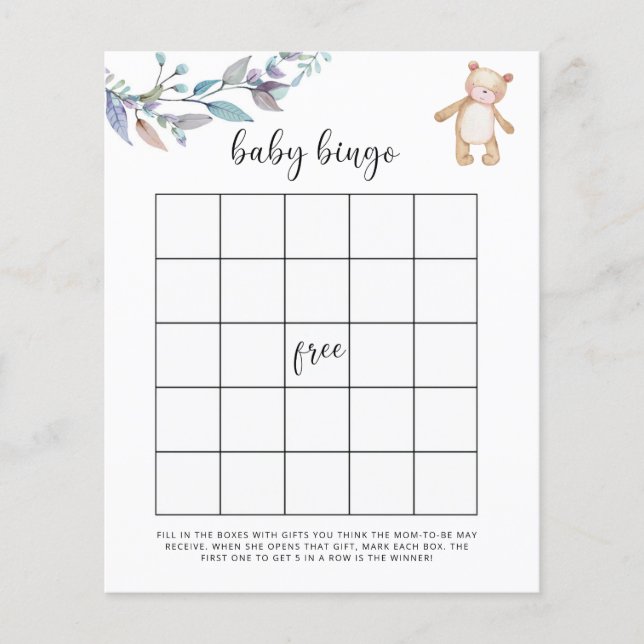 Eucalyptus bos baby shower bingo spel (Voorkant)