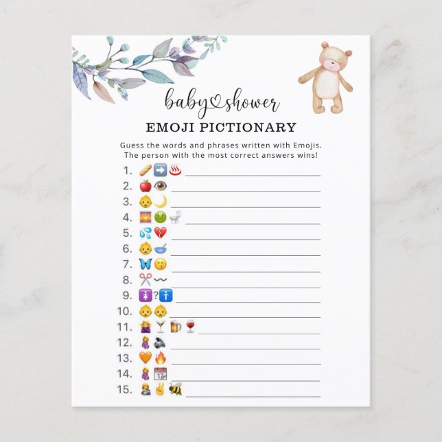 Eucalyptus bos Emoji afbeelding spel baby shower (Voorkant)