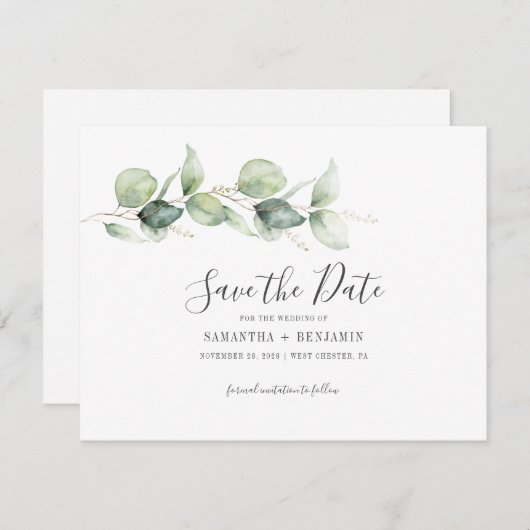Eucalyptus Botanical Foliage Weddenschap Save The Date (Voorkant / Achterkant)
